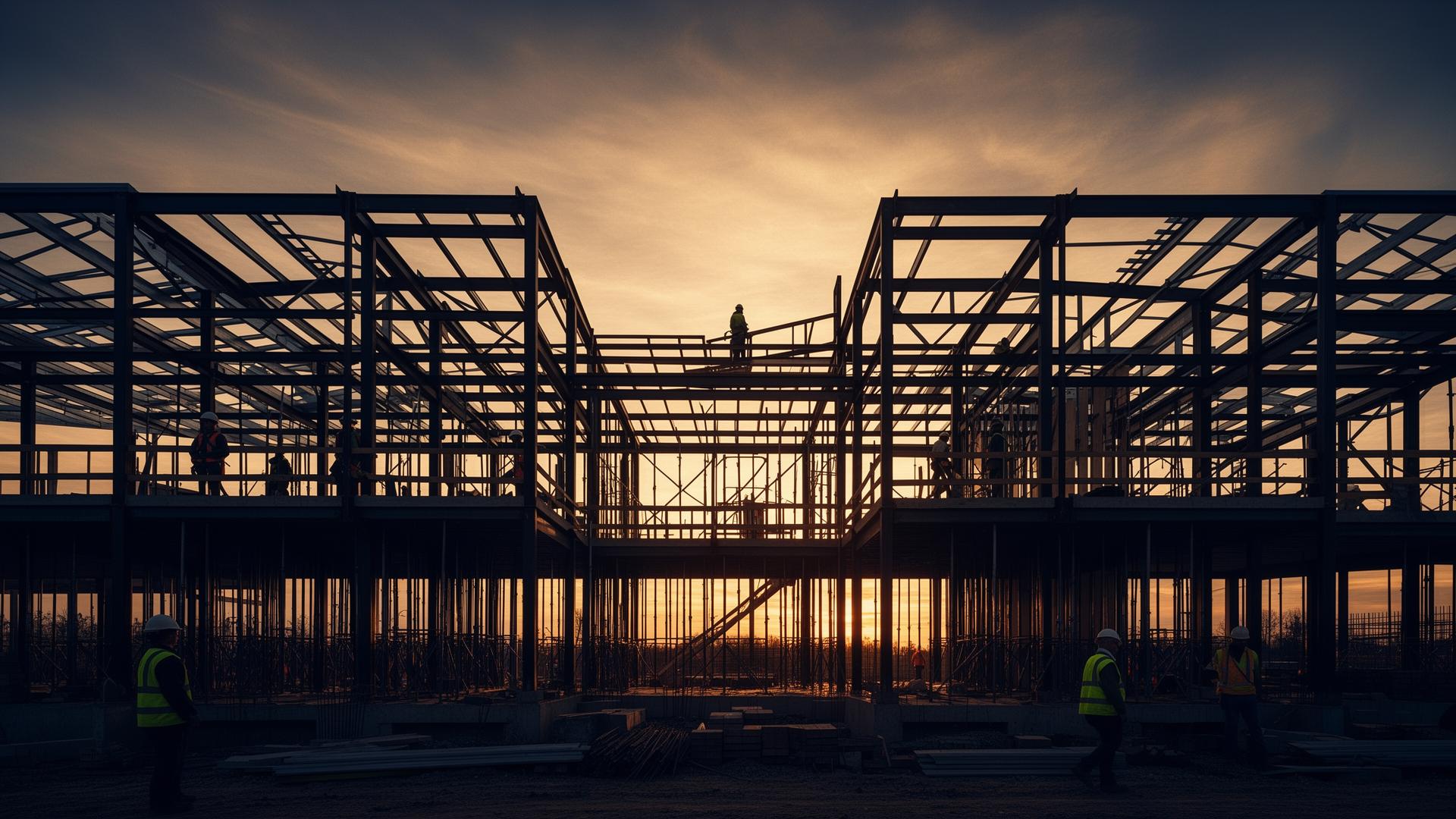 Construction site at sunset with steel framework in London Ontario